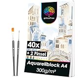 OfficeTree Aquarellpapier A4 – 40 Blatt – Aquarellpapier 300 g – Aquarellbogen A4 – Aquarellblock – weißes Zeichenpapier – Malbogen – mit 2 kostenlosen Pinseln – Watercolor Paper