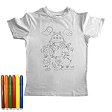 Kinder T-Shirt zum Bemalen mit 6 Abwaschbaren Malstiften, Naturweiß, Unisex, Motiv Bauernhof Gedruckt, 4-6 Jahre