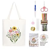 Sticken Set Erwachsene Anfänger, Mit Blumenmuster Canvas Tasche Stickerei Set, Kreuzstich Embroidery Tote Bag, Taschen Stickset für Anfänger Erwachsene, Stickerei Set Inklusive Anleitung, Nadeln, Fäde