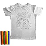 Kinder T-Shirt zum Bemalen mit 6 Abwaschbaren Malstiften, Naturweiß, Unisex, Motiv Im Weltall Bedruckt, 4-6 Jahre