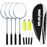 HIRALIY Badmintonschläger 4er-Set, inklusive 4, 12 Nylon-Federbälle, 4 Ersatzgriffbänder und Badmintontasche, Badmintonset für die Familie für Spiele im Freien im Garten