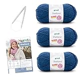 Gründl Strickset 3 x 100 g Shetland Wolle Strickgarn + Nadel 7 - 8 + Anleitung zum selber Stricken, 30 x 20 x 8 cm, blau