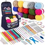 Aeeque Häkelnadel Set mit 15 Wolle, Häkelset für Anfänger Erwachsene Kinder, Häkel Set mit Ergonomisch Häkelnadel zum Häkeln Schals, Pullover, Decke, Bunte Crochet Set mit Häkeltasche, Zubehör