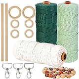 HanCheng 3PCS 60m Makramee Garn 3mm Farbig,Makramee Garn Set Bunt mit 40 Holzperlen,6 Holzringe,2 Holzstäbchen,3 Schlüsselanhänger（Beige,Dunkelgrün,Hellgrün）