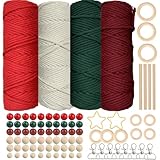 Makramee Garn Weihnachten 3mm, SILARLAIT Makramee Set Zubehör mit 60 Holzperlen, 8 Schlüsselanhänger, 10 Holzringe, 2 Metallsterne, 4 Holzstäbchen, Makrameegarn für Makramee Weihnachtsschmuck Basteln