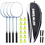 HIRALIY Badmintonschläger für Spiele im Freien, leichtes Badminton 4er-Set für Kinder & Erwachsene & Anfänger, inklusive 4 Schläger, 12 Nylon-Federbälle, 4 Ersatz-Griffbänder, 1 Tragetasche