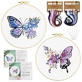 TAIHOBO Embroidery Kit, Schmetterling Stickset für Anfänger, 2 Stück Stick Set mit Stickrahmen Stickgarn Nähnadel Anleitung, Blumen Handstickerei Sticken für Anfänger, DIY Sticken Set Erwachsene