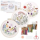 Stickerei Set Stickset für Anfänger Blumenmuster Pflanzen Kreuzstich-Kit Starter DIY Sticken Set Erwachsene Embroidery Kit mit 3 Stück Stickrahmen Farbfäden Werkzeuge für DIY Kunst Handwerk Nähen