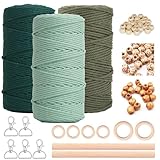 Makramee Garn 3mm x 60m 3er Makramee Set für DIY Handwerk Makramee Wandbehang Traumfänger Blumenampel Vorhang Bastelset Schnurkette, Mit 5 Schlüsselanhänger 60 Holzperlen 6 Holzringe 2 Rundstab