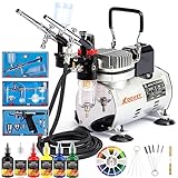 XDOVET Airbrush mit Kühlung, Dual-Lüfter, Luftspeicher, Kompressor-System-Set, professionelles Airbrush-Farbsystem mit 1/5 PS Luftkompressor und 3 Airbrush-Kits – 6 Farben Acrylfarben-Künstler-Set