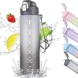 1L Wasserflasche, Trinkflasche mit Strohhalm und Zeitmarkierung, auslaufsichere Sportflasche mit BPA-freiem Deckel für Sport, Fitnessstudio, Büro, Camping, Laufen (grauer Farbverlauf)