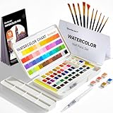 Shuttle Art Aquarellfarben Set, 48 Wasserfarben mit 2 Wasserpinsel, 10 Pinsel, 1 Aquarellblock (18 Aquarellpapier), 1 Palette, Aquarellkasten, Aquarell Set für Kinder, Erwachsene, Einsteiger geeignet