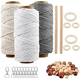 USENG 61Stk. Makramee Garn Set,3mm Makramee Garn DIY Macrame Set für Anfänger,Makramee Baumwollgarn mit Holzperlen Schlüsselanhänger,Makramee Anfänger Set für Geschenk,Makramee Bastelset Zubehör Set